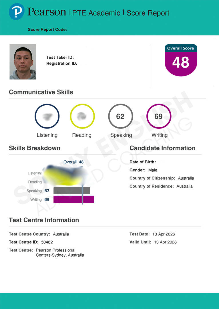 April 2026 PTE score report, speaking 62 writing 69