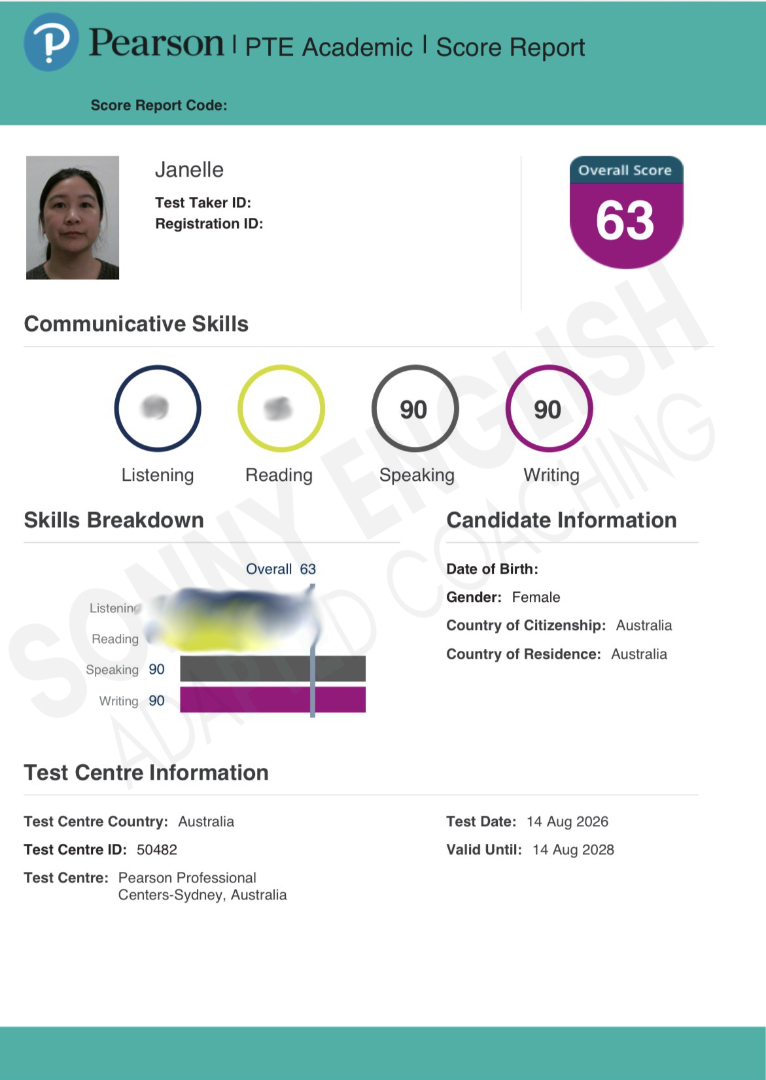 August 2026 PTE score report, speaking 90 writing 90