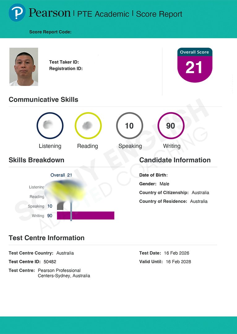 February 2026 PTE score report, writing 90