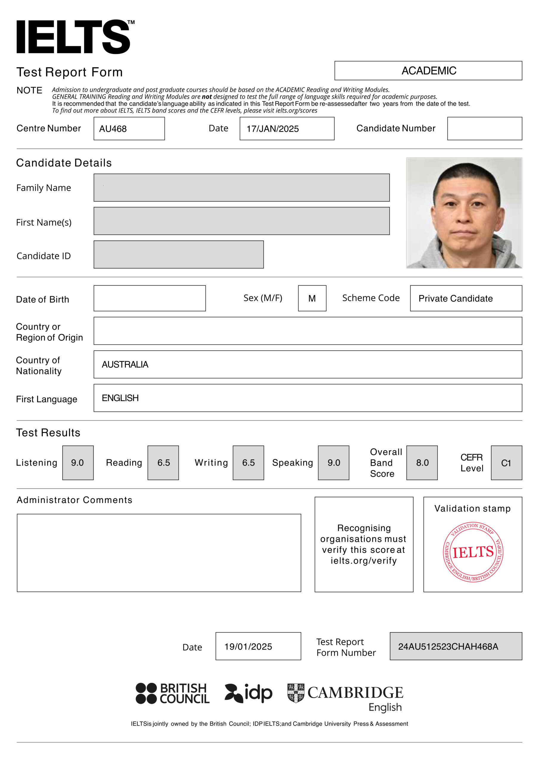 IELTS Test Report Form showing Listening 9.0, Reading 6.5, Writing 6.5, Speaking 9.0, Overall Band 8.0