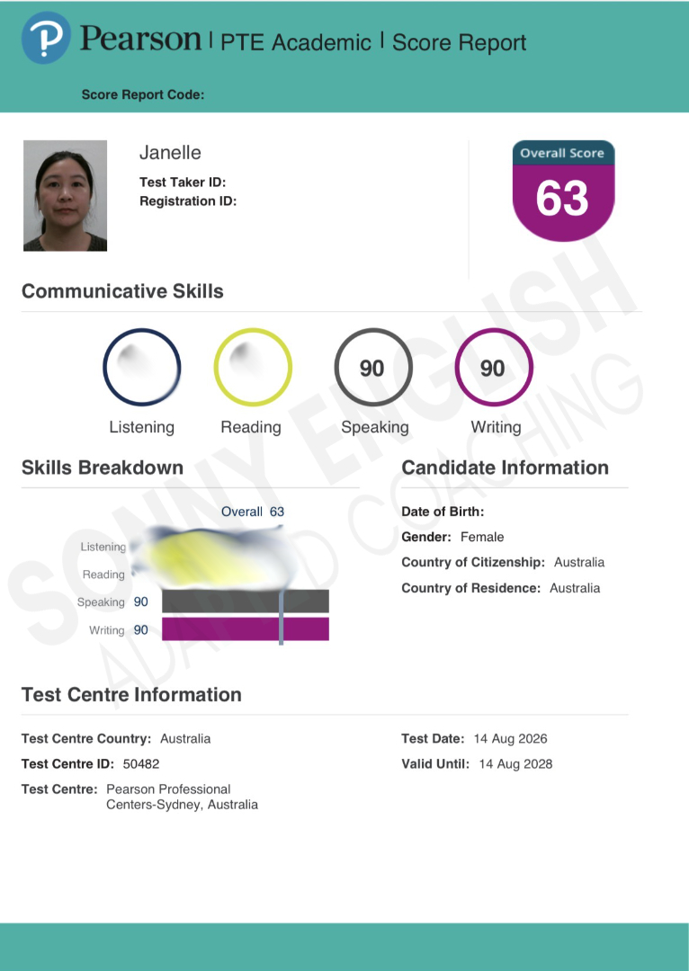 Janelle's official PTE Academic score report