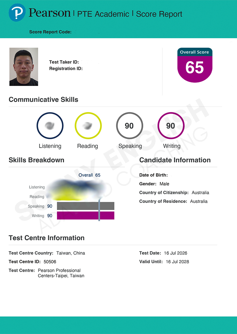 July 2026 PTE score report, speaking 90 writing 90