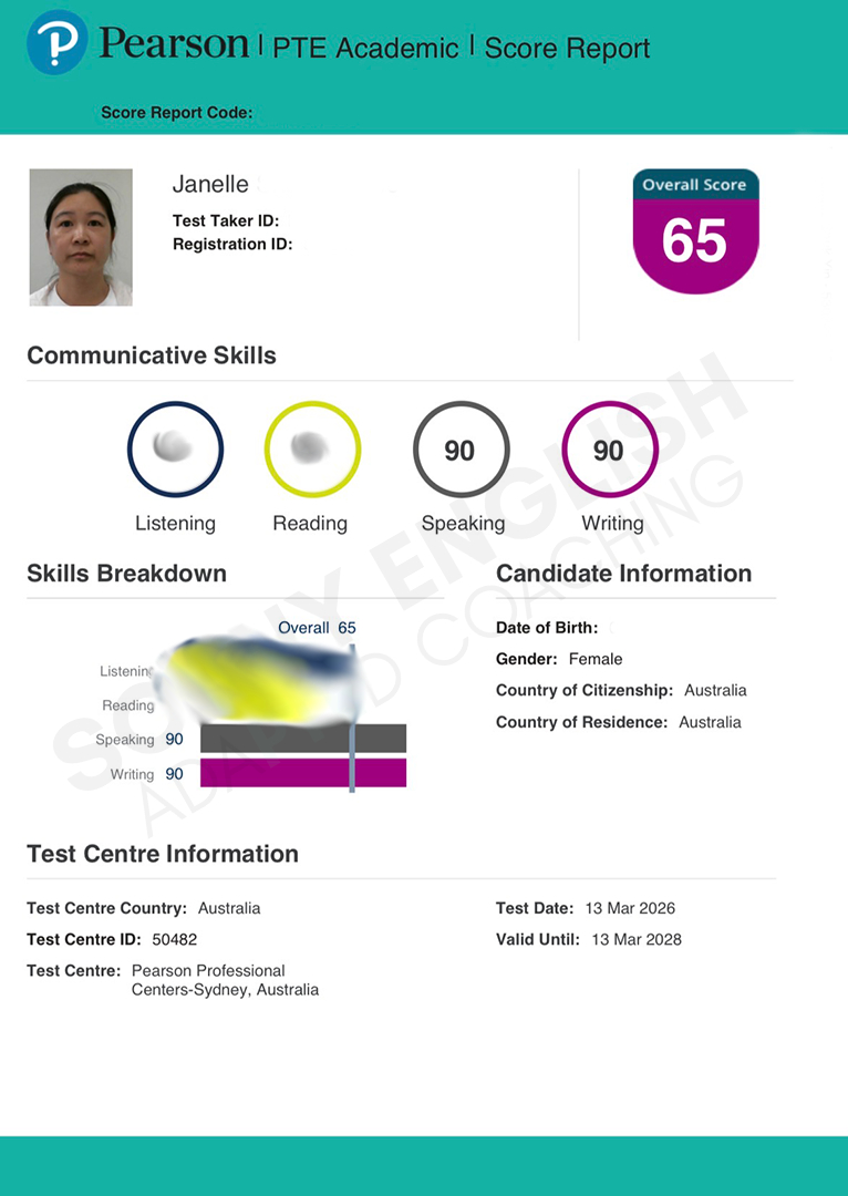 March 2026 PTE score report, speaking 90 writing 90