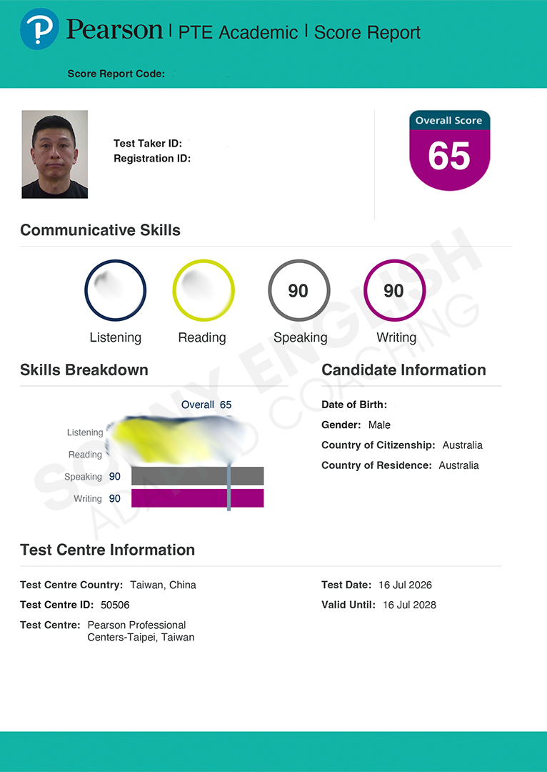 Sonny's official PTE Academic score report