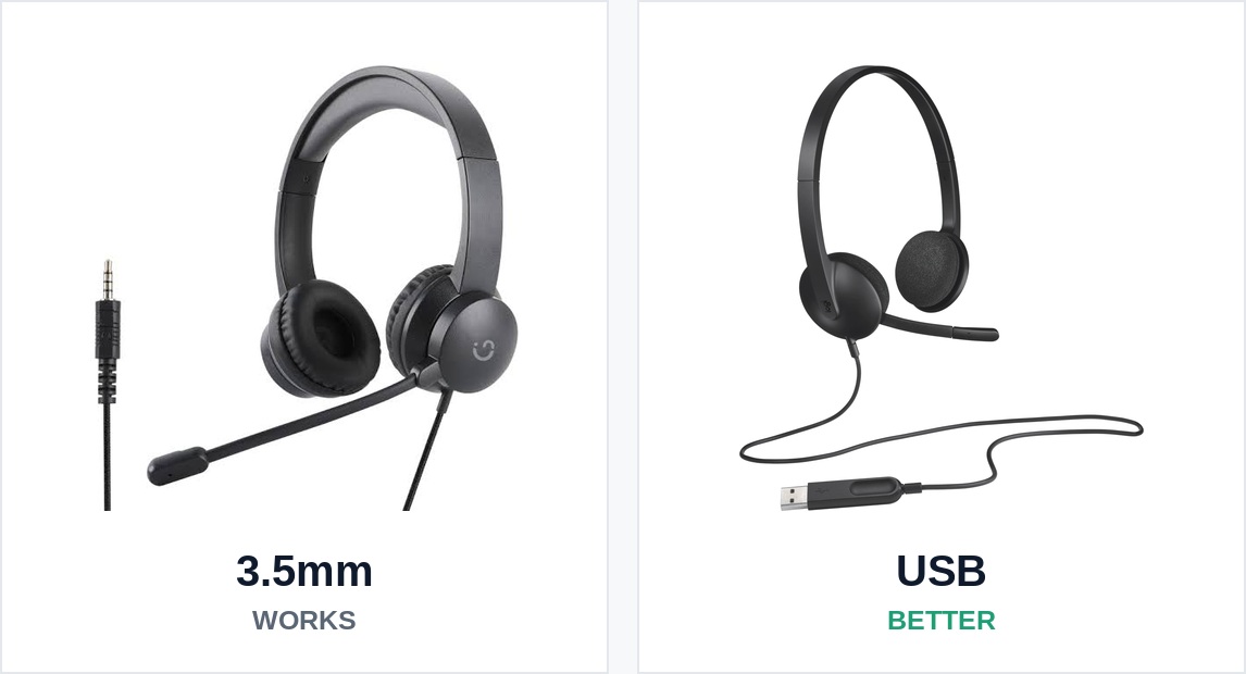 A 3.5mm headset next to a USB headset, showing the difference between the two connectors